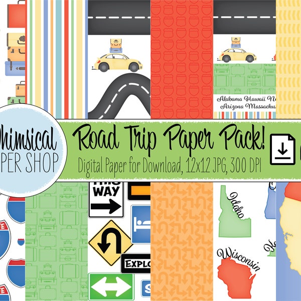 Printable Road Trip Scrapbook Paper, 12x12 JPG images for instant download, digital paper