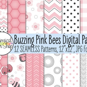 Roze Hommel naadloos patroon afdrukbaar papier, bijenpatroon papier voor babyshower, schattig roze bij digitaal plakboek, roze honingraatpapier