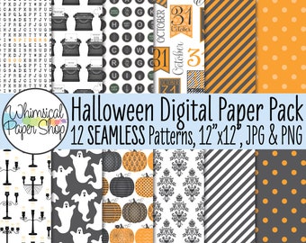 Seamless Halloween Pattern Digital Paper Set, typewriter words candelabra spooky ghost pumpkin damask printable paper, seamless pattern