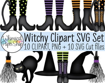 Halloween broom SVG Clipart Set, Witch boots clipart svg, black cat clipart svg, halloween hat svg, witch hat clipart, witch legs svg