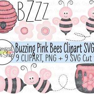 Buzzing Pink Bee PNG SVG Set, bumblebee clipart, svg cut files for cricut, honeybee, beehive, flower, honeypot, bzzz, scrapbook elements