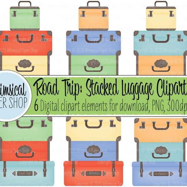 CLIPART Stacked Luggage, vintage suitcase clipart, vacation travel bag clipart, PNG images, printable, yellow blue orange teal green red