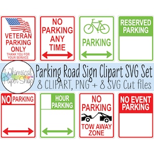 Parkeren teken SVG clipart set. Geen parkeerbord. Gereserveerd parkeerbord. Fietsenstalling teken. Geen parkeerverbod op elk moment. Geen evenementparkeerbord.