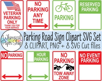 Ensemble de cliparts SVG signe de stationnement. Aucun panneau de stationnement. Panneau de stationnement réservé. Panneau de stationnement pour vélos. Panneau d'interdiction de stationner à tout moment. Aucun signe de stationnement d'événement.