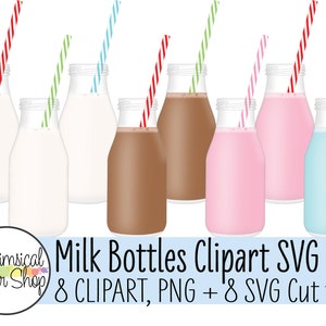 Milk Bottle SVG & Clipart Set, chocolate milk svg, strawberry milk svg, pink milk clipart, blue milk clipart, bottle of milk with straw svg