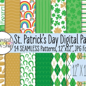 Printable St Patrick&#39;s Day Seamless Digital Paper Patterns, leprechaun gnome rainbow clover horseshoe argyle scrapbook paper 12x12 pack