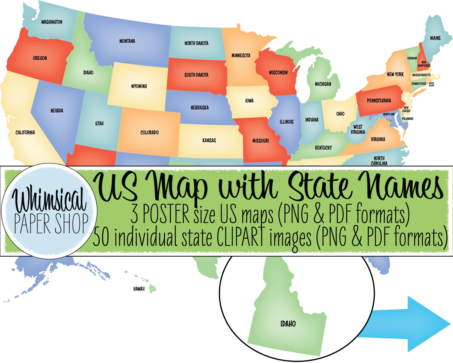 clipart united states map with state names printable usa map etsy