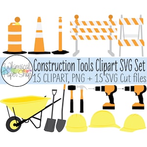 Bouw SVG & clipart set. Hamer-svg. Harde hoed SVG. Veiligheidskegel SVG. Kruiwagen-svg. Verkeerskegel SVG. Harde hoed clipart. Schop-svg.