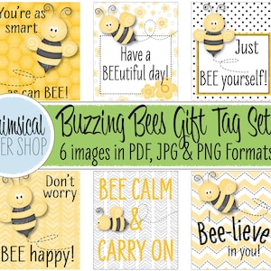 スマートな BEE ギフトタグ セット、印刷可能なメモカード、Bee yourself、I Bee-lieve in you、Bee calm carry on、don't worry、Bee happy