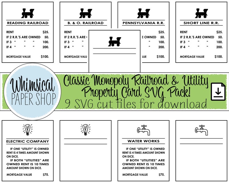 Classic Monopoly SVG set Railroad & Utility cards original Etsy