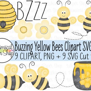 Buzzing Yellow Bee PNG SVG Set, bumblebee clipart, svg cut files for cricut, honeybee, beehive, flower, honeypot, bzzz, scrapbook elements