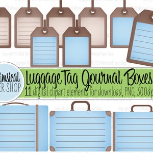 CLIPART Blue Luggage Tag Journal Boxes, valise clipart pour journal de voyage scrapbook de vacances, clipart sac de voyage pour s’en aller, image PNG