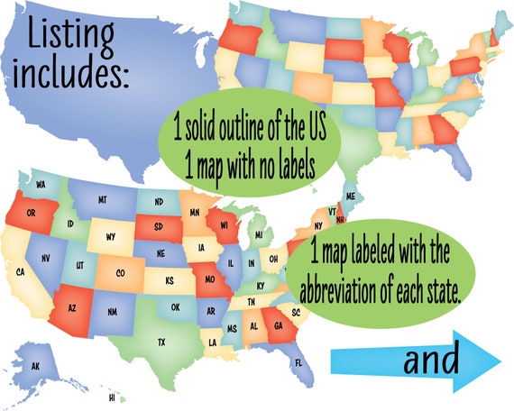clipart united states map with state abbreviations printable etsy