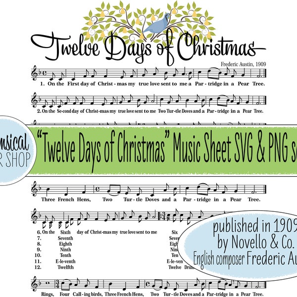 Christmas song lyrics SVG PNG, 12 Days of Christmas Printable, Twelve Days of Christmas svg, Christmas carol svg, carol sheet music svg