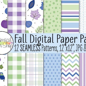 Fall Digital Papers, Seamless Pattern, Thanksgiving, purple buffalo check, printable fall backgrounds, leaves digital paper seamless pumpkin