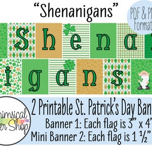 Printable Shenanigans banner, Small & MINI St Patrick&#39;s banner, printable St Patrick&#39;s Day sign, decoration for dorm room office tiered tray
