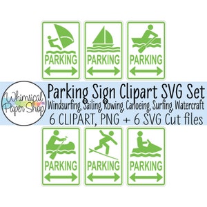 Afdrukbare parkeerplaats teken SVG clipart, windsurf parkeren, zeilen parkeren, jetski parkeren, roeien, kano, surfer stok figuur SVG gesneden bestand