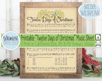 Christmas Song Printables, Twelve Days of Christmas Song Lyrics, 12 Days of Christmas printable, Christmas carol sheet music, partridge in a