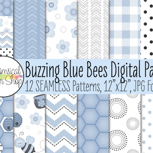 Blauwe Hommel naadloos patroon afdrukbaar papier, bijenpatroon papier voor babyshower, schattig blauw bij digitaal plakboek, blauw honingraatpapier