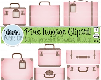 CLIPART Pink Luggage, pink vintage suitcase clipart, vacation travel bag clipart, PNG images, printable elements