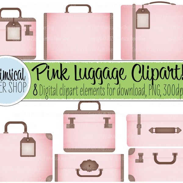 CLIPART Pink Luggage, pink vintage suitcase clipart, vacation travel bag clipart, PNG images, printable elements