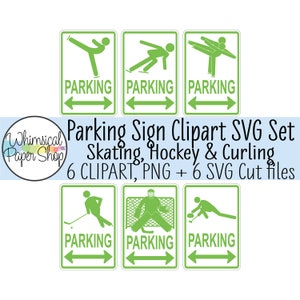 Parkeren teken SVG clipart, afdrukbaar parkeer teken, skater parkeren SVG bestand knippen, hockey parkeren teken, schaatsen stok figuur, curling parkeren