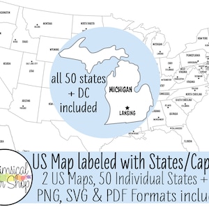 United States map CLIPART SVG PDF Set, state svg, state outline svg, united states svg, printable map, 50 states svg, state with capitals