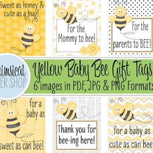 Gele Baby Bee Gift Tag Set, afdrukbare cadeaubonnen, zoet als bij, schattig als bij, ouders bij, mama bij, zoet als honing