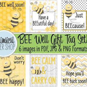 Conjunto de etiquetas para presente Bee Well Soon, cartões de nota para impressão, Just Bee cause, Bee back logo, Bee calma continue, não se preocupe Bee feliz