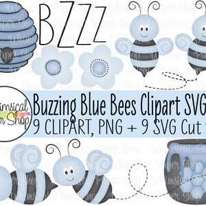 Buzzing Blue Bee PNG SVG Set, bumblebee clipart, svg cut files for cricut, honeybee, beehive, flower, honeypot, bzzz, scrapbook elements