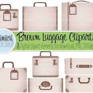 CLIPART Brown Luggage, clipart de maleta vintage marrón, imágenes prediseñadas de bolsa de viaje de vacaciones, imágenes PNG, elementos imprimibles