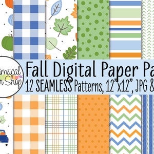 Fall Digital Papers, Seamless Pattern, Thanksgiving, blue buffalo check, printable fall backgrounds, seamless pumpkin, leaves digital paper