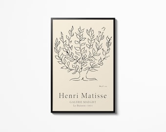 May include: Black and white line art print of a tree with the text "Henri Matisse, Galerie Maeght, Le Buisson - 1951" below the image.