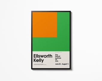 May include: A black framed poster with a green and orange geometric design. The text on the poster reads "Ellsworth Kelly" and "The Detroit Institute of Arts" with the dates "June 25 - August 11".