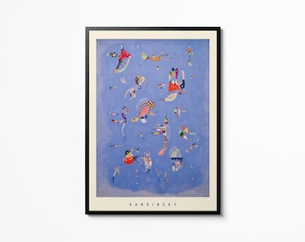 May include: A framed print of a colorful abstract painting by Kandinsky. The artwork features various shapes and figures in red, blue, yellow, and white against a light blue background. The word "KANDINSKY" is printed in black at the bottom.