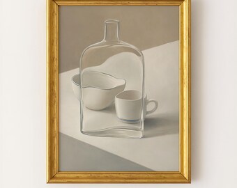 May include: A framed oil painting depicting a clear glass bottle positioned in front of a white bowl and a small white cup with a blue rim. The objects rest on a flat surface, rendered in neutral tones and enclosed in a decorative gold frame.
