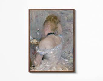 May include: A framed vintage painting depicts a woman in a white dress with blue accents, viewed from the back. The artwork features a soft, impressionistic style with a muted color palette, and is set against a textured background.