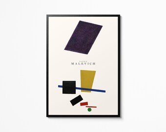 May include: Abstract art print in a black frame. The artwork features geometric shapes in purple, yellow, black, red, blue, and green on an off-white background. The name "Malevich" is printed below the top shape.