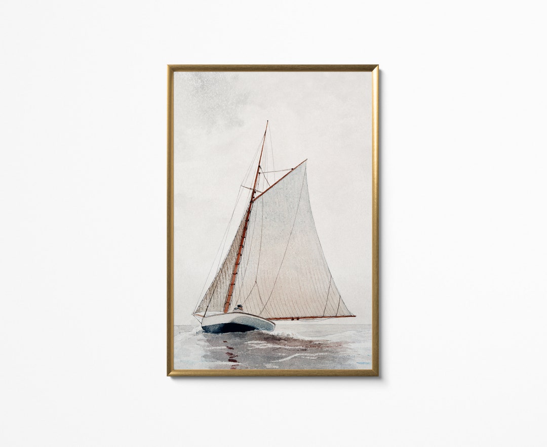 Vintage Sailboat Print Wall Art Poster | Soft Neutral Coastal Aesthetic ...