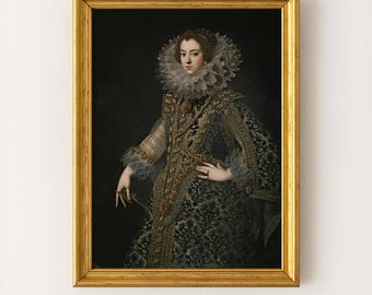 May include: A framed portrait of a person in a historical gown. The subject wears a large, ornate lace collar and a dark, patterned dress with gold accents. The frame is gold.