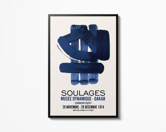 May include: A blue and white poster advertising an art exhibition by Soulages at the Musee Dynamique in Dakar, Senegal. The poster features a large abstract blue painting and the text "Soulages Musee Dynamique - Dakar Corniche Ouest 29 Novembre - 29 Decembre 1974"