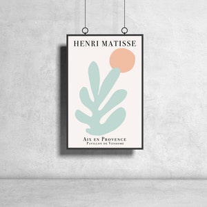 May include: A framed print of a minimalist art piece by Henri Matisse. The print features a light blue leaf shape with a peach-colored circle above it. The text "Aix en Provence, Pavillon de Vendome" is at the bottom of the print.
