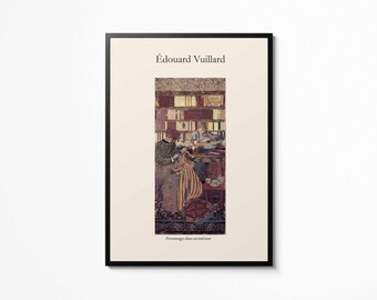 May include: A framed art print featuring a painting by Édouard Vuillard. The artwork depicts figures in an interior setting, with a woman sewing and another person in the background. The print has a black frame and the text "Édouard Vuillard" at the top.