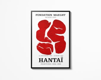 May include: A black and white poster with a red abstract painting. The poster reads "Fondation Maeght 06 Saint-Paul 21 Decembre 1968 - 16 Mars 1969 Hantaï Peintures 1958-1968"