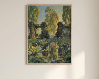 The Lotus Pool Poster - Lotus Flower Wall Art - Botanical Pond Print - Zen Nature Decor - Vintage Landscape Painting - Nature Art