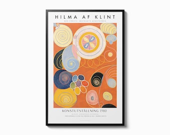 May include: A poster advertising an art exhibition of Hilma af Klint's work. The poster features an abstract painting with a variety of colours, including orange, yellow, blue, and green. The text on the poster reads "Hilma af Klint, Den första abstrakta konstnären, Konstutställning 1980, Museum Strandvägen 12, Stockholm, Från måndag 12 juni till fredag 22 juli, Ingång gratis."