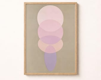 May include: A framed wall art print featuring a vertical arrangement of overlapping circles and ovals in shades of soft pink, lavender, and peach. The shapes are centered against a muted, solid taupe background, all enclosed in a light wood frame.