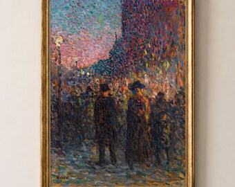 May include: An oil painting in a gold frame depicting a street scene at dusk with figures walking along a path. The artwork uses pointillist brushstrokes in shades of pink, blue, orange, and dark tones. The signature Luce is visible in the bottom left.