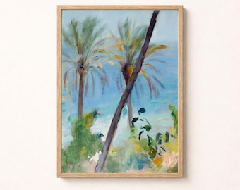 May include: A framed vertical wall art print featuring an impressionistic painting of two palm trees against a blue ocean background. The artwork uses visible brushstrokes in shades of green, yellow, and blue, enclosed in a light wood frame.