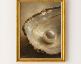 May include: An oil painting in a gold frame depicting an open oyster shell with a single iridescent white pearl resting inside. The artwork features visible brushstrokes and a neutral color palette of cream, beige, and dark brown tones.